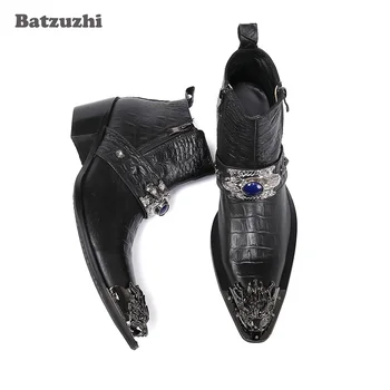 Batzuzhi/Мъжки обувки са Ръчно изработени в западен стил; Обувки; Черни Кожени Обувки с остър метален пръсти; Мъжки Бизнес/Мотоциклети/Колоездене Botas Hombre