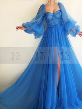 Синя рокля с квадратна яка 2021 Трапециевидный Тюлевый Халат De Soirée De Mariage Вечерни/Абитуриентски Рокли яп. рокля Безплатна доставка