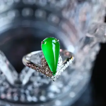 Натурална хотанская яспис, зелен каплевидная короната, открывающееся регулируем пръстен, китайски елегантен чар, дамски сребърни бижута