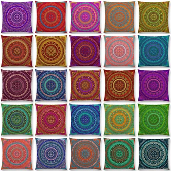 Двустранен печат Мандала Бохо Rainbow Цветен Модел Възглавница Ретро Кръг Калъф Разтегателен Начало Декор Калъфка 45 см