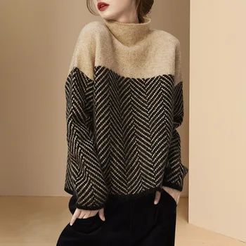 2021 новият есенен топъл пуловер с висока воротом, женски свободен вязаный топ, модерен пуловер, дамски пуловери