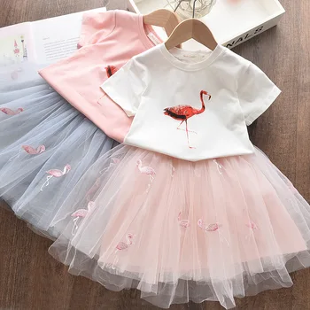 Летен костюм с пола за момичета, хубава тениска с изображение фламинго + Mesh пола, Детска рокля от две части от 3 до 8 години