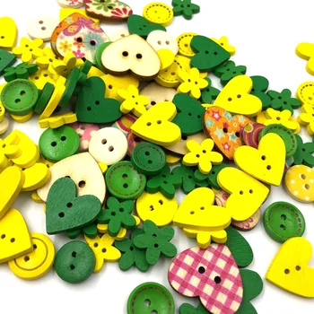 50шт Зелен Жълт Цвят Смесени Форми на Дървени Копчета Облекла Craft 2 Дупки Дървени Копчета Облекло Декор За Scrapbooking WB484