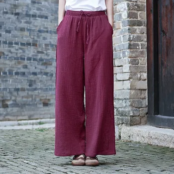 Пролет Лято 2019, Нови памучни ленени панталони с завязками, панталони Големи Размери, 6 цвята, прави панталони, Дамски широки спортни панталони