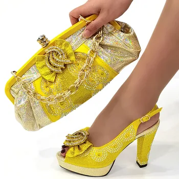 Комплекти дамски обувки и чанти на жълт цвят в нигерия стил, аксесоари от сплави, дамски Сандали на висок ток и Комплекти Чанти за Парти