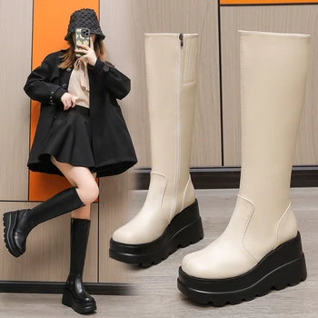 ZA Ins/Дамски Обувки от естествена Кожа; Престрелки Ботуши до Коляното на Дебелото Платформа; Топло Есенно-зимната Дълга Обувки, Високи Ботуши