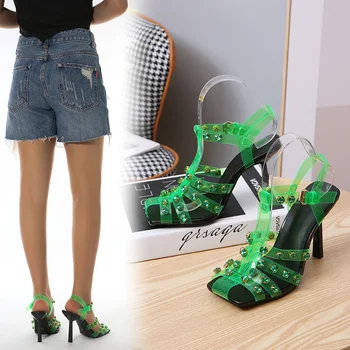 2022 Пролетни дамски Сандали 10 см, летните Обувки На висок ток От PVC с Декорация във формата на кристали, дамски Сандали с квадратни пръсти и Изкривени, Прозрачни Сандали