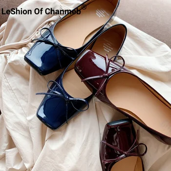 LeShion Of Chanmeb/ Дамски Скъпа Обувки на плоска подметка с Лък-пеперуда, тъмно синьо Слипоны с Квадратни пръсти, Цвят Бордо, дамски Обувки на равна подметка, 2023, Пролетно нови Обувки
