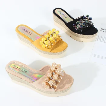 Дамски чехли 2021 нови летни сандали на Висок ток, изработени ръчно с мъниста дамски сандали на равна подметка Модни удобни плажни обувки с кристали 7 см