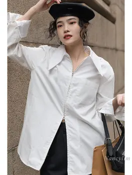 Бяла Риза с Цип за Жените, Ранна Есен Дизайнерска Блуза с Дълги Ръкави, Новост 2022, Свободни Блузи Син Цвят
