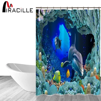 Miracille Водоустойчива душ Завеса За Душ 3D Океански Дизайн на Делфин Висококачествена Печатна Полиестерен Плат Завеси За Баня с куки