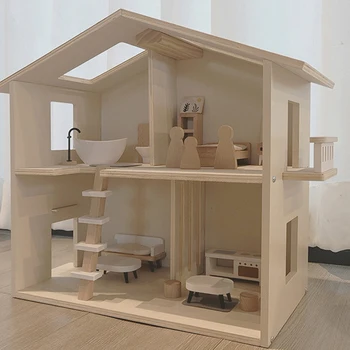 Най-новият DIY Wooden Куклена Къща Дървена Архитектура Куклени Къщи Миниатюри с Мебели, Играчки за Деца Приятел, Подарък За Рожден Ден
