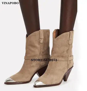 VINAPOBO/Дамски обувки от естествена кожа, с метален остър пръсти, дамски Зимни ботильоны на висок ток, пролетно-есенни обувки Matin