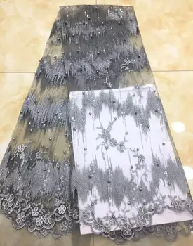 Африкански сив лейси плат с пайети, 5 ярда, на 2018 г., най-новата лейси плат с пайети, луксозно тюлевая лейси плат с пайети за рокли