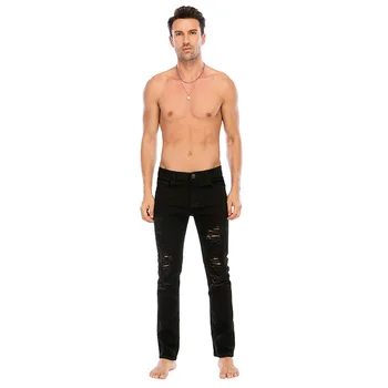 Нови Модни Черни Скъсаните Джинси С Дупки, Директни Мъжки Стрейчевые Дънки Големи Размери, Плътно Прилепнали Мъжки Дънкови Панталони