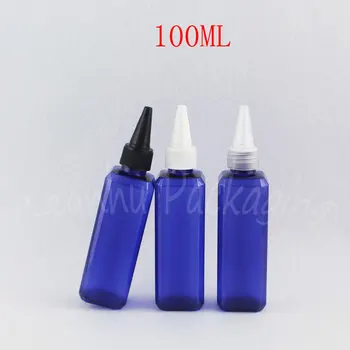 Синя квадратна пластмасова бутилка от 100 мл, с остри капак за устата, празен Козметични контейнер 100 куб. см, бутилка за опаковане лосион / сладко