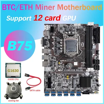 B75 12 Карта на GPU БТК дънна Платка за майнинга + процесор G1630 + Fan охлаждане + Кабел SATA Слот 12XUSB3.0 LGA1155 DDR3 Оперативна памет, MSATA ETH Миньор