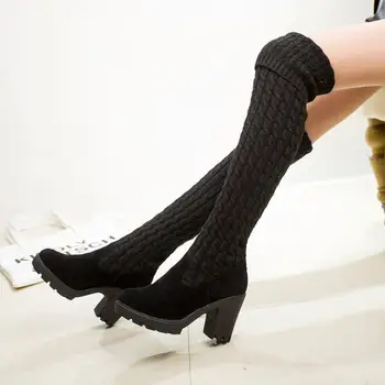 Вълнени дамски ботуши над коляното botas feminina ботуши на дебел висок ток до бедрата botines дамски луксозна марка обувки, дълги ботуши