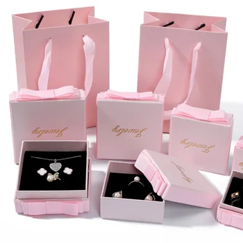 Продажба На Едро На Индивидуални Розови Сладки С Лък Декорации Подарък Кутия За Бижута За Пръстени, Колиета, Гривни Опаковки С Печат На Лого